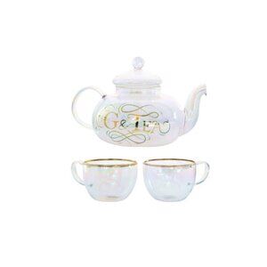 Root7 G&Tea Cocktail Set Iridescent Glass Teapot & Cups With Gold Rim